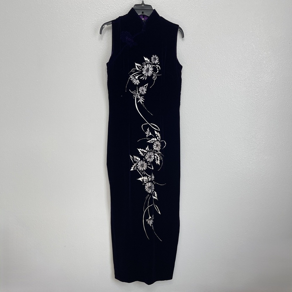 Asian Dress X-Small Small Maroon Purple Velvet Silver Floral Flowers Sleeveless